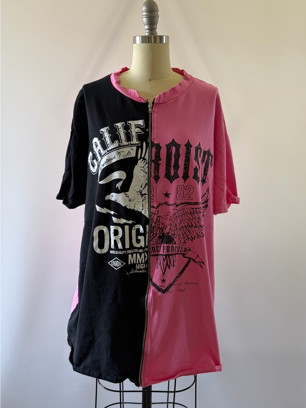 Fashion Nova Two-Tone Black & Pink Zip-Front Graphic Hoodie